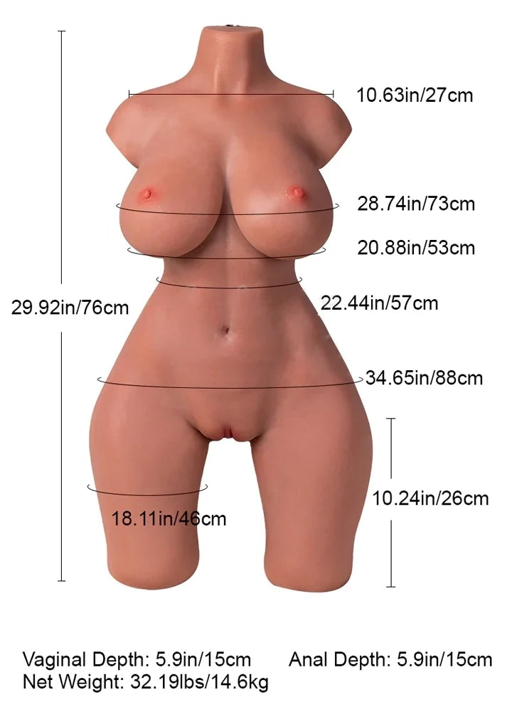 Selena: torso bambola sessuale in silicone, pelle scura, seno in gel