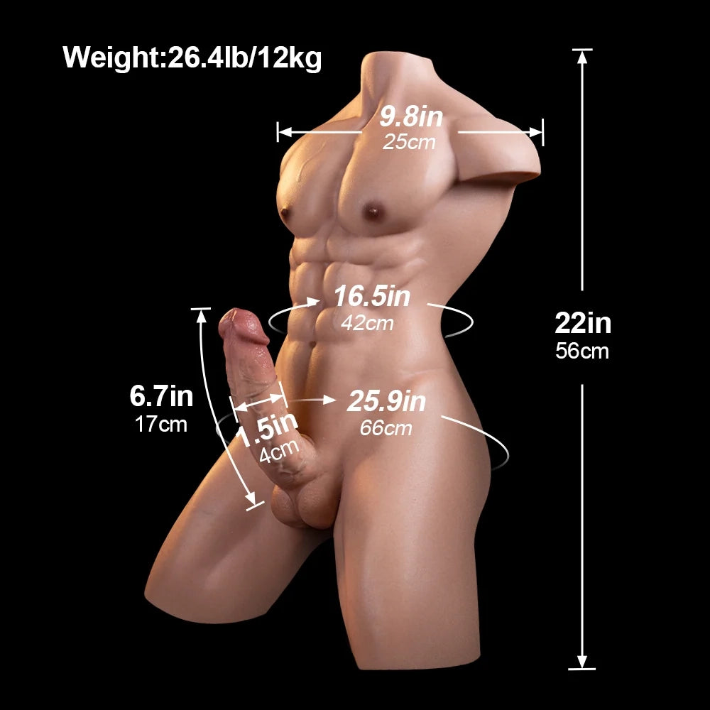 Lucas: torso sessuale maschile muscoloso in silicone, dildo da 17 cm
